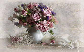 Lovely bouquet, bouquet, roses, pink roses, vase, beauty, purple, still life, flowers, cloth, scarf, lovely HD wallpaper