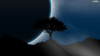 UNDER THE MOON LIGHT, blue, rays, black, hills, moon, light, sky, tree HD wallpaper