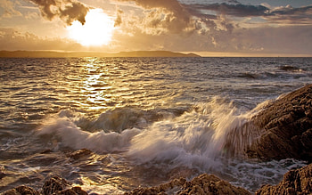 Sunset over Rocky Sea, Rocks, Sea, Nature, Waves, Sunsets, Oceans, Clouds, Sky HD wallpaper