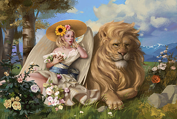 Angel and lion, leu, art, tragiker, angel, girl, lion, summer, wind, fantasy, yellow, vara HD wallpaper