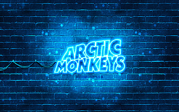 Arctic Monkeys blue logo, , british rock band, music stars, blue brickwall, Arctic Monkeys logo, Arctic Monkeys neon logo, Arctic Monkeys HD wallpaper