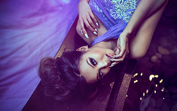 Beauty, night, blue, model, girl, dannie riel, hand, woman, purple HD wallpaper