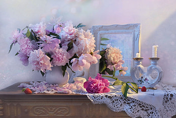 Peonies in a vase, Cup, Strawberry, Candles, Mirror, Candlestick HD wallpaper