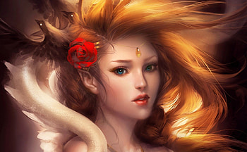 Golden hair, fantasy, flower, face, hair, beauty HD wallpaper