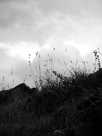 Nature, Grass, Stones, Sky, Clouds, Bw, Chb, Hill HD phone wallpaper