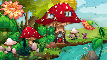 Ladybug's House, creek, ladybug, woods, story book, grass, fairy tale, mushroooms, toadstools, fantasy, flowers HD wallpaper