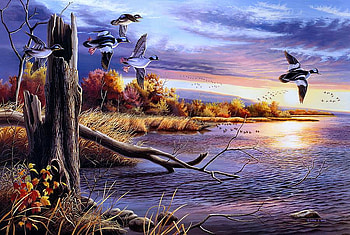 Mark S. Bray - Autumn Waters, animal, bird, art, mark s bray, lake, painting, nature, fly, sunset HD wallpaper