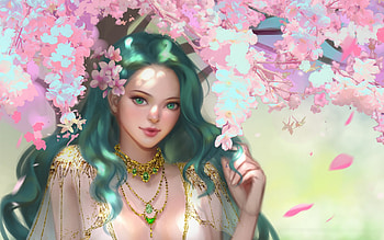 Cherry, girl, leejun35, leejun 35, leejun, spring, jewel, pink, fantasy, green, petals, sakura HD wallpaper