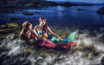 Mermaids, blue, sea, mermaid, model, asian, girl, tail, woman, pink, fantasy, couple, fish, water HD wallpaper