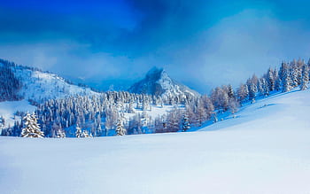 Beautiful snow-covered mountain landscape with frosty trees and clear blue sky, capturing the tranquility of winter nature. HD wallpaper
