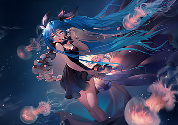 Deep Sea, jellyfish, nice, singing, hatsune, adorable, female, sexy, sweet, hatsune miku, twintail, hot, girl, kawaii, anime girl, anime, pretty, twin tail, lovely, heads, cute, vocaloid, twin tails, dress, long hair, miku hatsune, melody, beauty, miku, vocaloids, twintails, underwater, jelly fish, water, beautiful, aqua hair, sing, gown, bubbles HD wallpaper