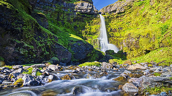 Irafoss Waterfall, Iceland, river, mountains, rocks, stones HD wallpaper