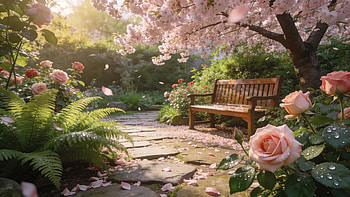 Garden Aesthetic — Rose & Blossom Bench HD wallpaper
