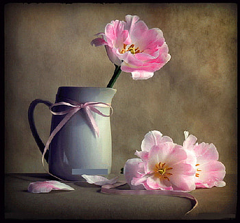 Tied with a bow, table, pink, pink bow, metal pitcher, flowers HD wallpaper