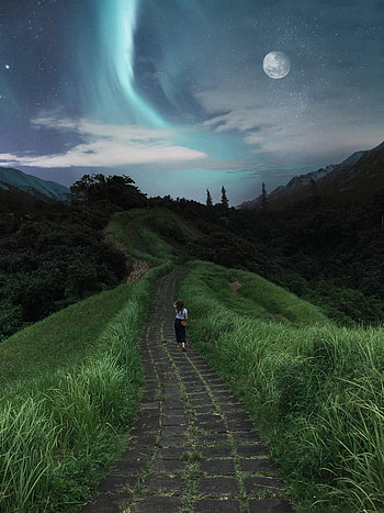 Nature, Grass, Stars, Path, Girl, Loneliness HD phone wallpaper