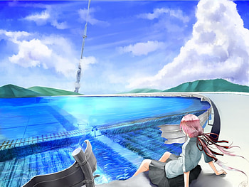 Scenic, sky, anime, water HD wallpaper