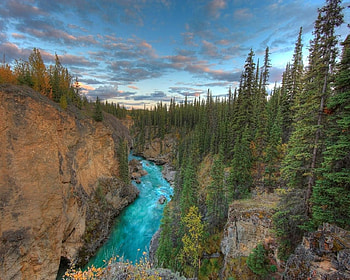 Sunset Over Lapie Canyon, Yukon, Canada, river, mountain, rock, yukon, lapie, canyon, clouds, trees, nature, sky, canada, water, forest HD wallpaper