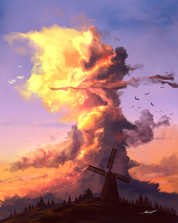 Birds, Art, Clouds, Hill, Mill HD phone wallpaper