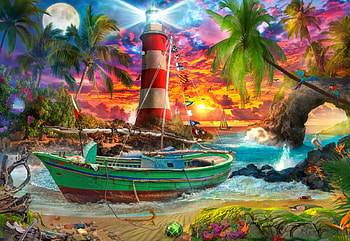 Hope Cove, harbor, boat, digital, lighthouse, moon, art, houses, palm trees HD wallpaper