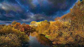 Autumn River, fall, reflections, clouds, trees, colors, sky, water HD wallpaper
