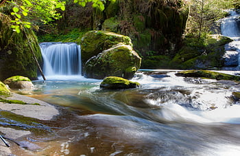 A tranquil forest scene with a cascading waterfall and moss-covered rocks. HD wallpaper