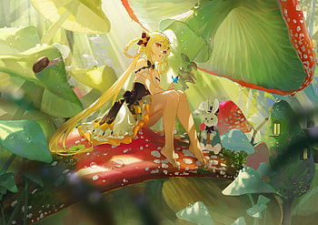 :), green, mini, leaf, girl, manga, bunnt, mushroom, fairy, anime, shian, red HD wallpaper