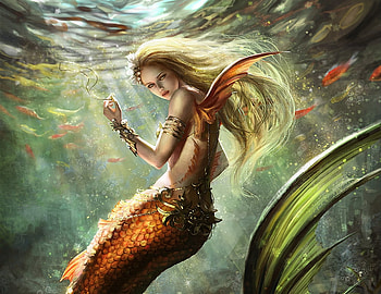 Mermaid, sea, sirena, girl, orange, summer, fantasy, green, underwatger, anotherwanderer, luminos, water HD wallpaper
