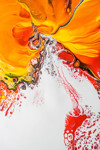 Dynamic abstract painting with vivid orange and red fluid acrylic swirls. HD phone wallpaper