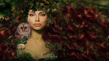 Fantasy girl, bird, fantasy, green, face, redhead, girl, forest, owl HD wallpaper