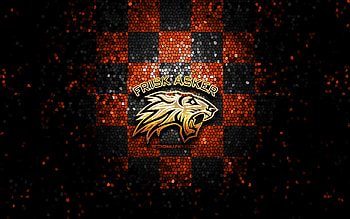 HC Frisk Asker, glitter logo, Fjordkraft-ligaen, orange black checkered background, hockey, Eliteserien, norwegian hockey team, Frisk Asker logo, mosaic art, Norway, Frisk Asker Ishockey HD wallpaper