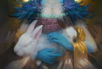 Moon's bunnies, blue, white, art, svetlana tebyakina, goddess, hand, bunny, moon, fantasy, yellow, luna, luminos, rabbit HD wallpaper