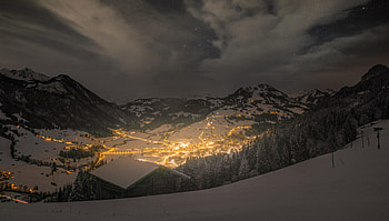 Nature, Mountains, Night, Snow, Lights, Village, Valley HD wallpaper