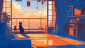 Lofi Cat Vibes: Cityscape Retreat, lofi, cat, room, cityscape HD wallpaper