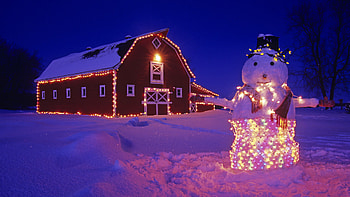 Snow, Winter, Christmas, Snowman, Barn, Christmas Lights, Holiday, Night HD wallpaper