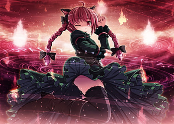 Kaenbyou Rin, braid, ribbons, Touhou, girl, anime, black outfit, blink, lights, fire, manga, twinbraids, female HD wallpaper