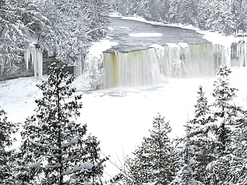 winter waterfall, winter, river, snow, fall, trees, waterfall HD wallpaper