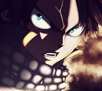 Natsu Dragneel, shadow, red hair, scrf, anime, Fairy Tail, angry, fire, green eyes HD wallpaper