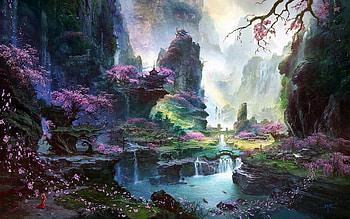 Chinese town in the mountains Fantasy , Tree , Mountain , Cherry , Valley - Fantasy no. HD wallpaper