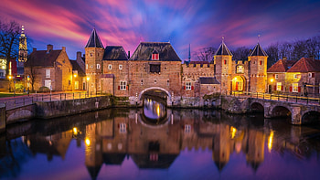 lovely castle in the netherlands at night, night, lights, castle, reflections, pond HD wallpaper