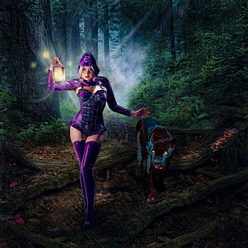 PANTHER AND SEXY IN PURPLE, night, sexy, black, fdeep, woman, purple, light, panther, trees, forest HD wallpaper