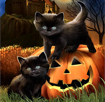 Black Kittens on Jack-O-Lantern FC, black, art, cats, beautiful, illustration, kittens, artwork, occasion, holiday, painting, pets, Halloween, jack o lantern, October HD wallpaper