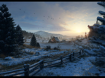 Sunrise, Morning, Artistic, Landscape, Fence, House, Snow, Winter HD wallpaper