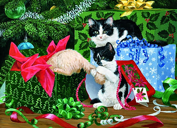 Christmas Party F, December, art, feline, cat, beautiful, illustration, artwork, scenery, occasion, wide screen, holiday, painting, Christmas, pet HD wallpaper