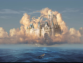 The Castle of Our Dreams, clouds, dreams, fantasy, castlwe, water HD wallpaper