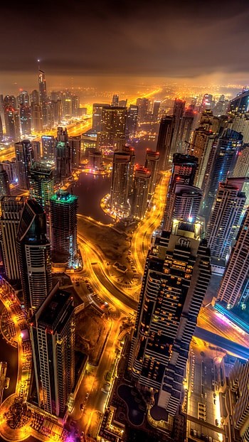 Dubai, Night lights, Top view, Buildings HD phone wallpaper