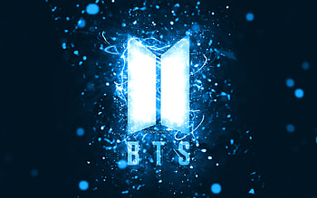 BTS blue logo, , blue neon lights, creative, blue abstract background, Bangtan Boys, BTS logo, music stars, BTS, Bangtan Boys logo HD wallpaper