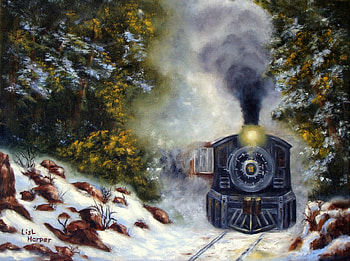 Steantrain in Winter, painting, snow, trees, railways, railroad HD wallpaper