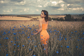 Orange Dress Girl In Field , girls, orange-dress, model HD wallpaper