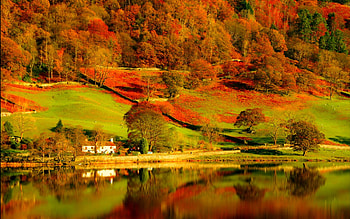 Autumn season, river, colors, houses, serenity, tranquil, season, reflection, trees, autumn, mirror, hills, slope, fall, beautiful, lake, mountain, view, cabins, nature, calmness, foliage HD wallpaper