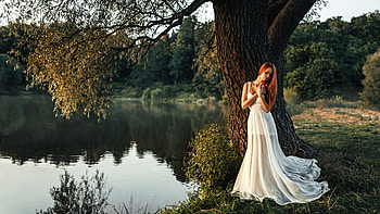Girl Standing Alone Near Tree, girls, tree, alone, white, model, dress HD wallpaper